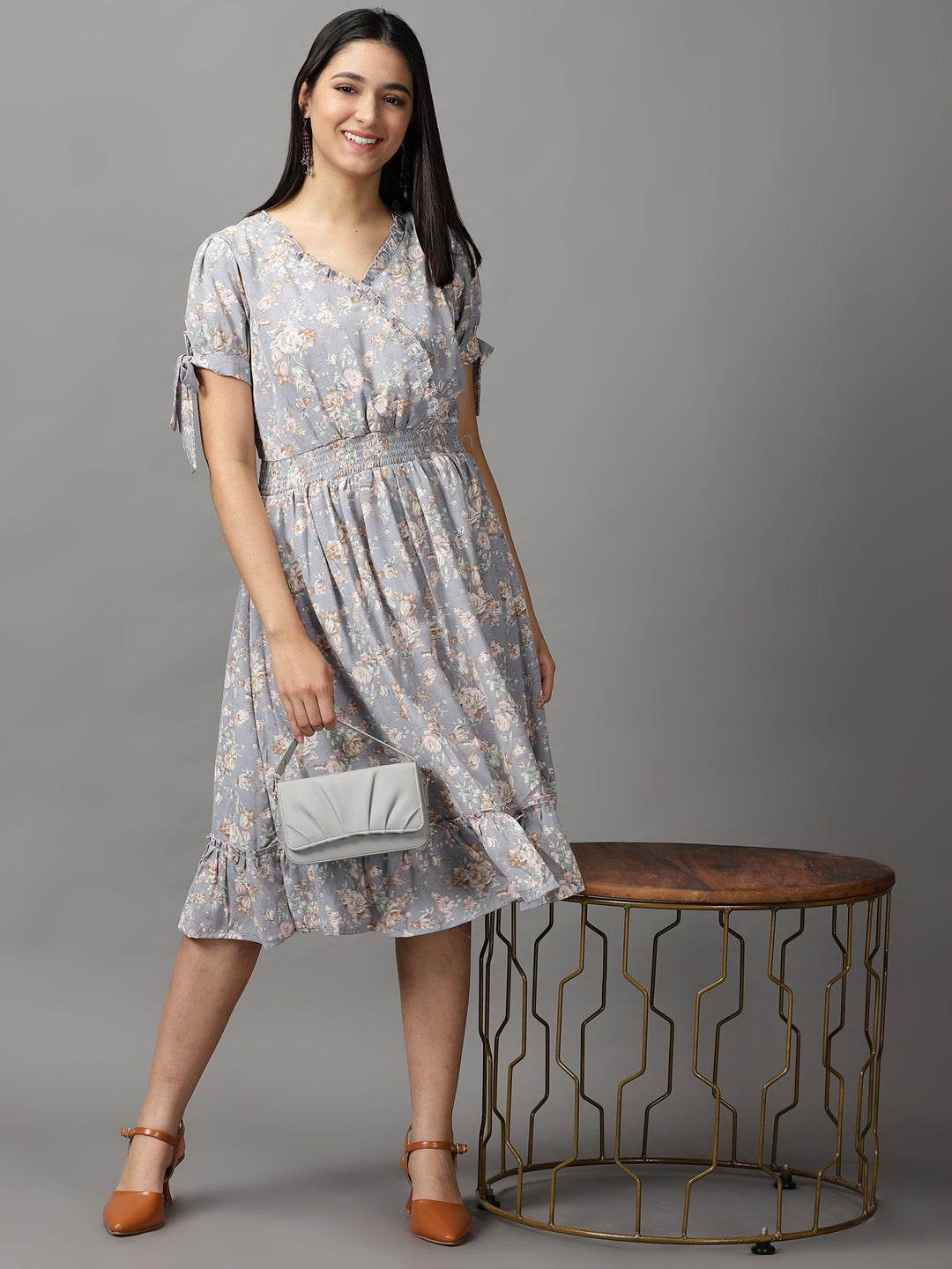 Women's Grey Floral Fit and Flare Dress