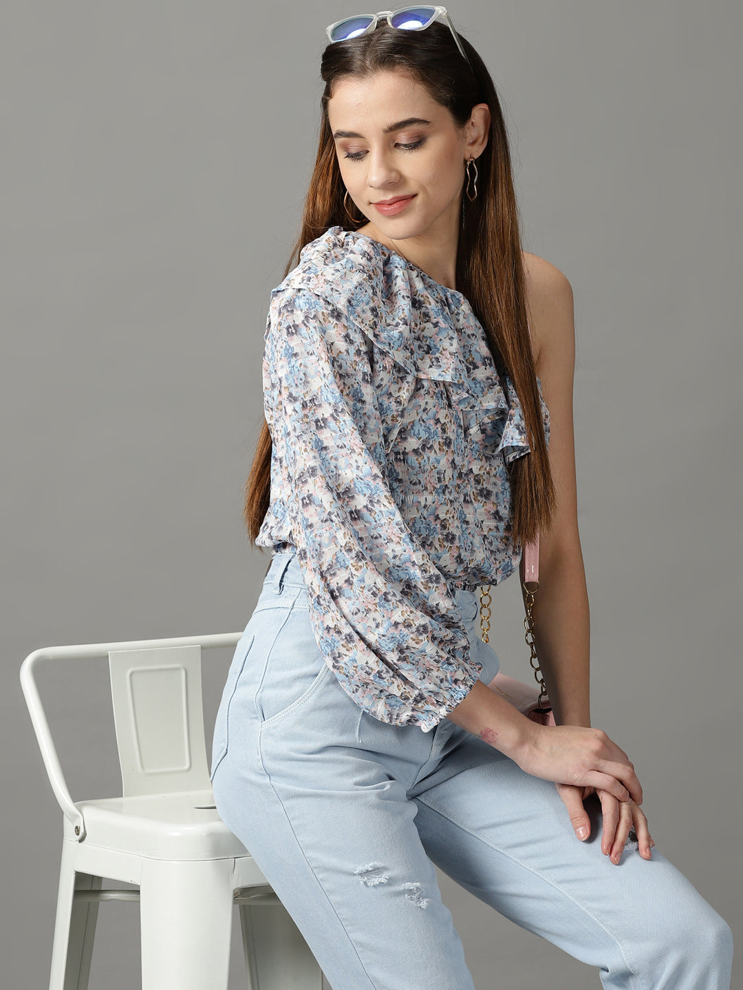 Women's Blue Printed Cinched Waist Crop Top