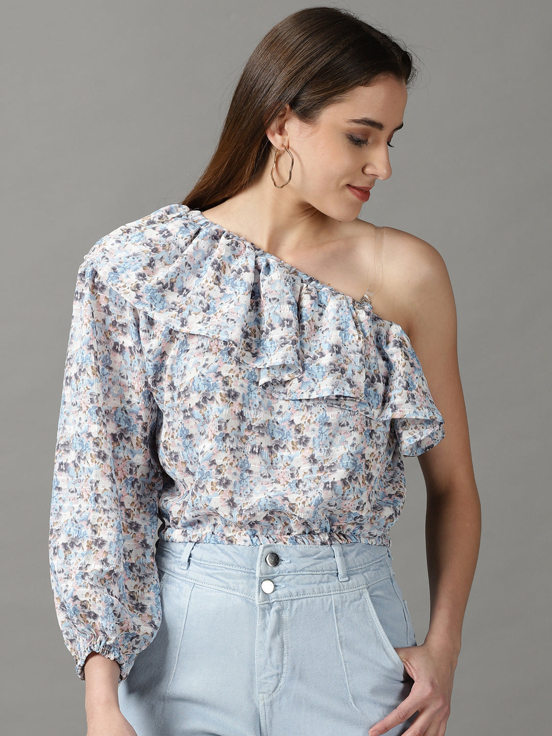 Women's Blue Printed Cinched Waist Crop Top