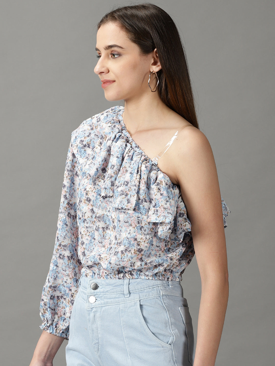 Women's Blue Printed Cinched Waist Crop Top