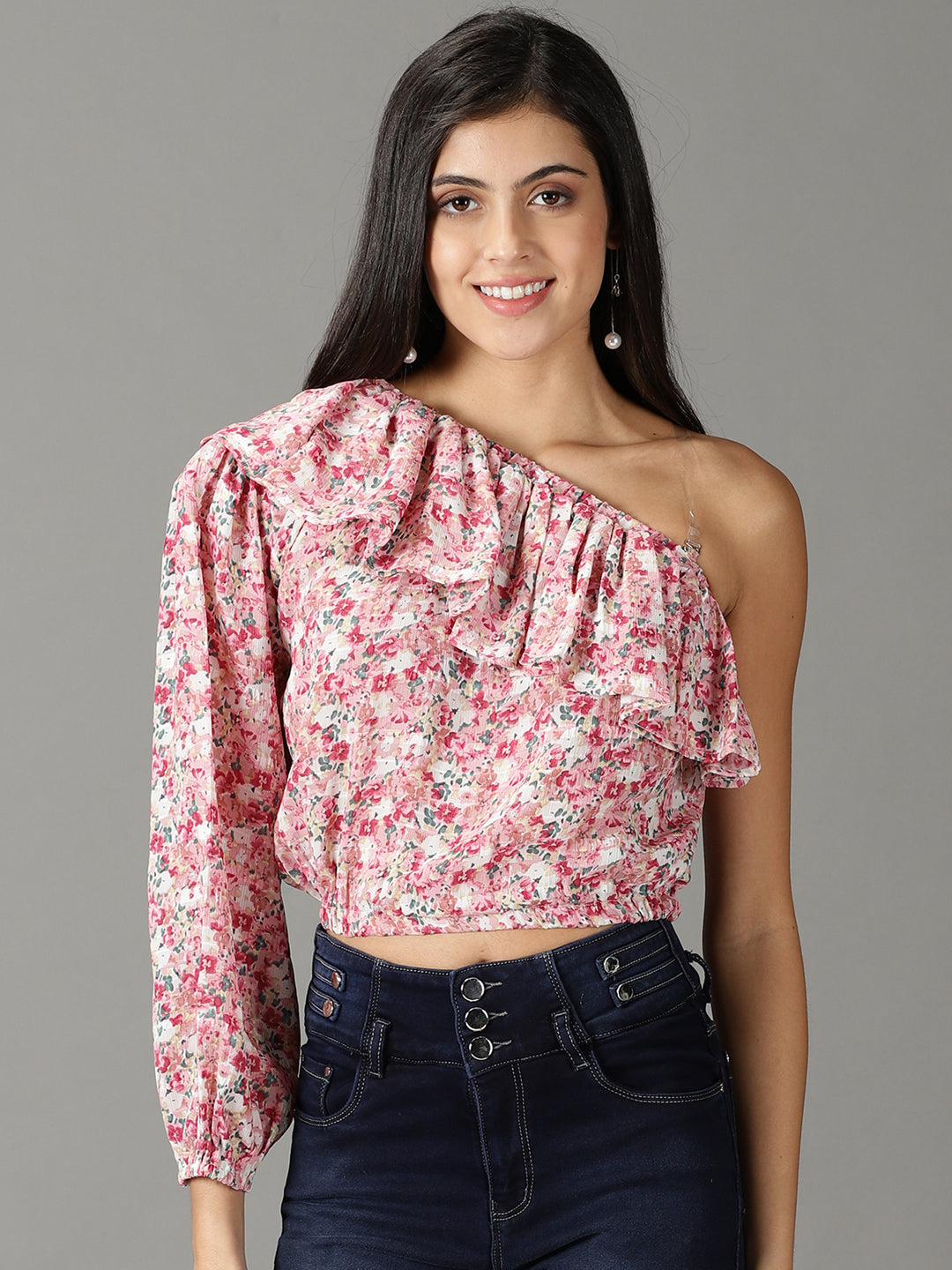 Women's Pink Printed Cinched Waist Crop Top