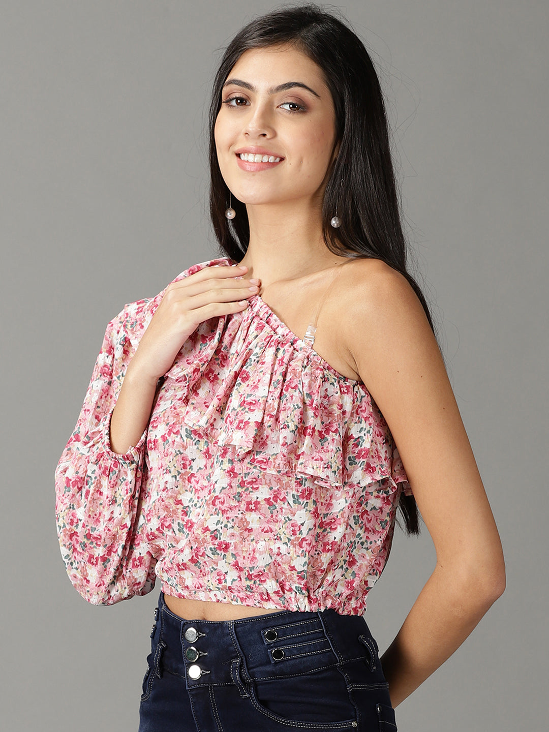 Women's Pink Printed Cinched Waist Crop Top