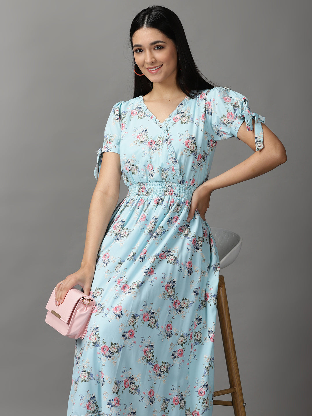 Women's Blue Floral Fit and Flare Dress