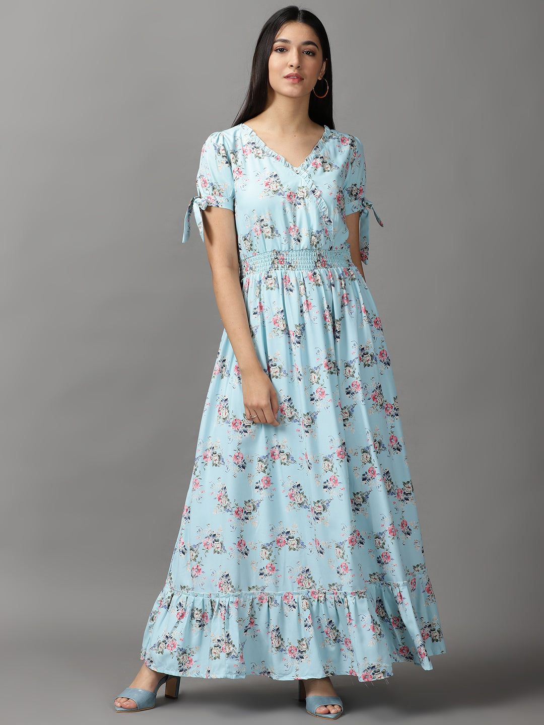 Women's Blue Floral Fit and Flare Dress