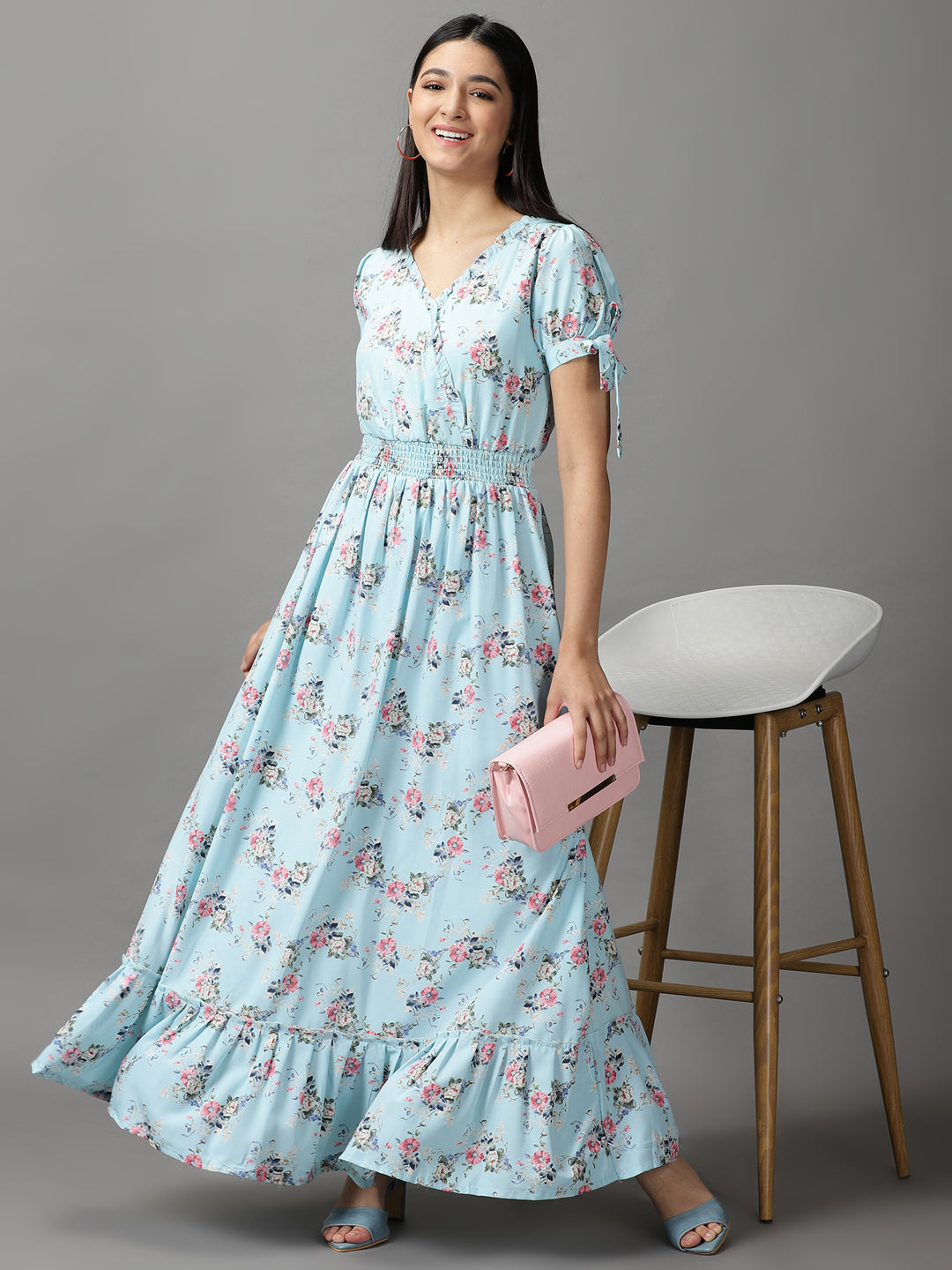 Women's Blue Floral Fit and Flare Dress