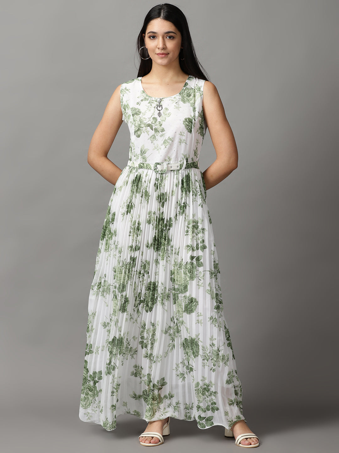 Women's White Floral Fit and Flare Dress