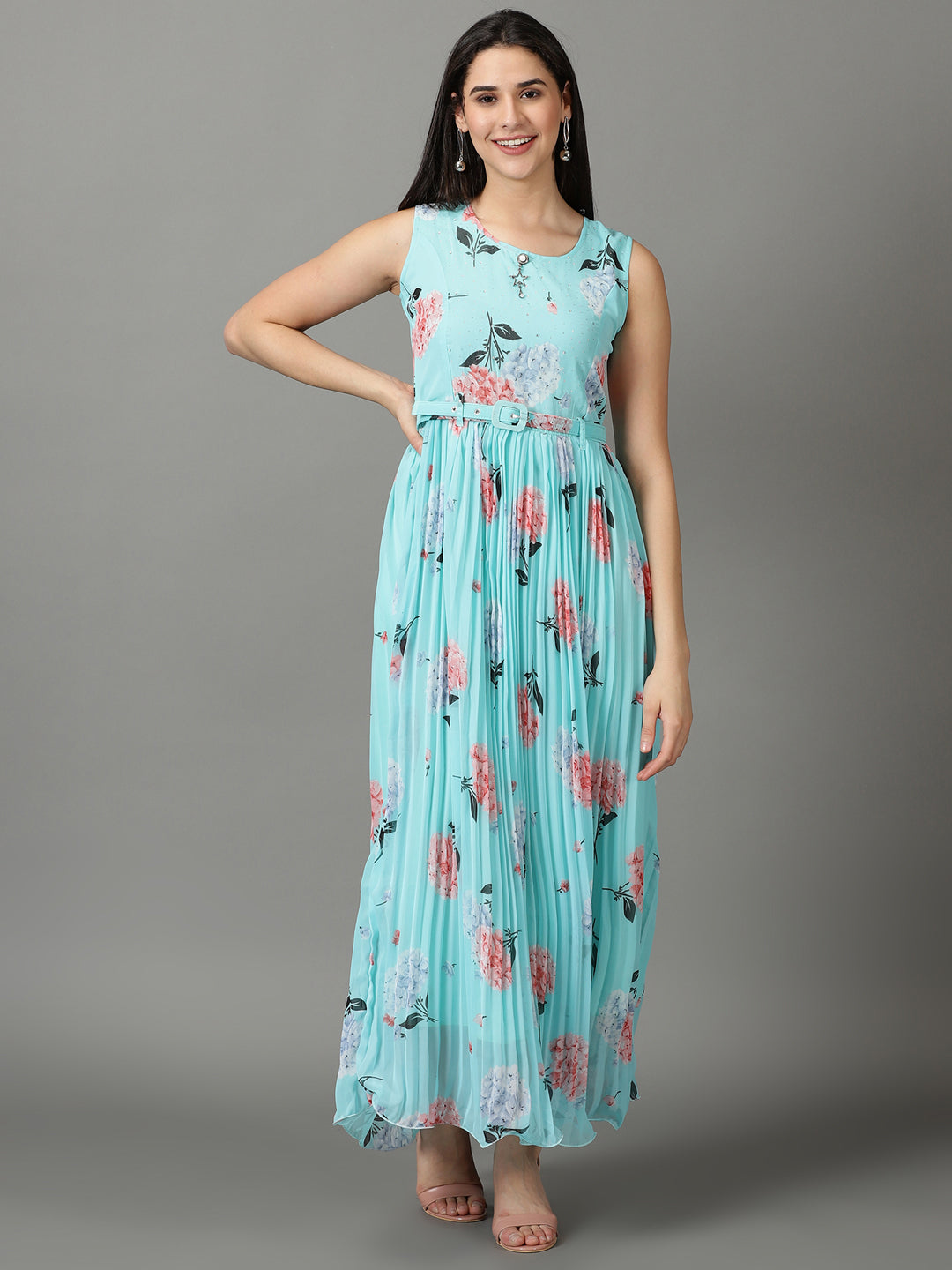 Women's Turquoise Blue Printed Fit and Flare Dress