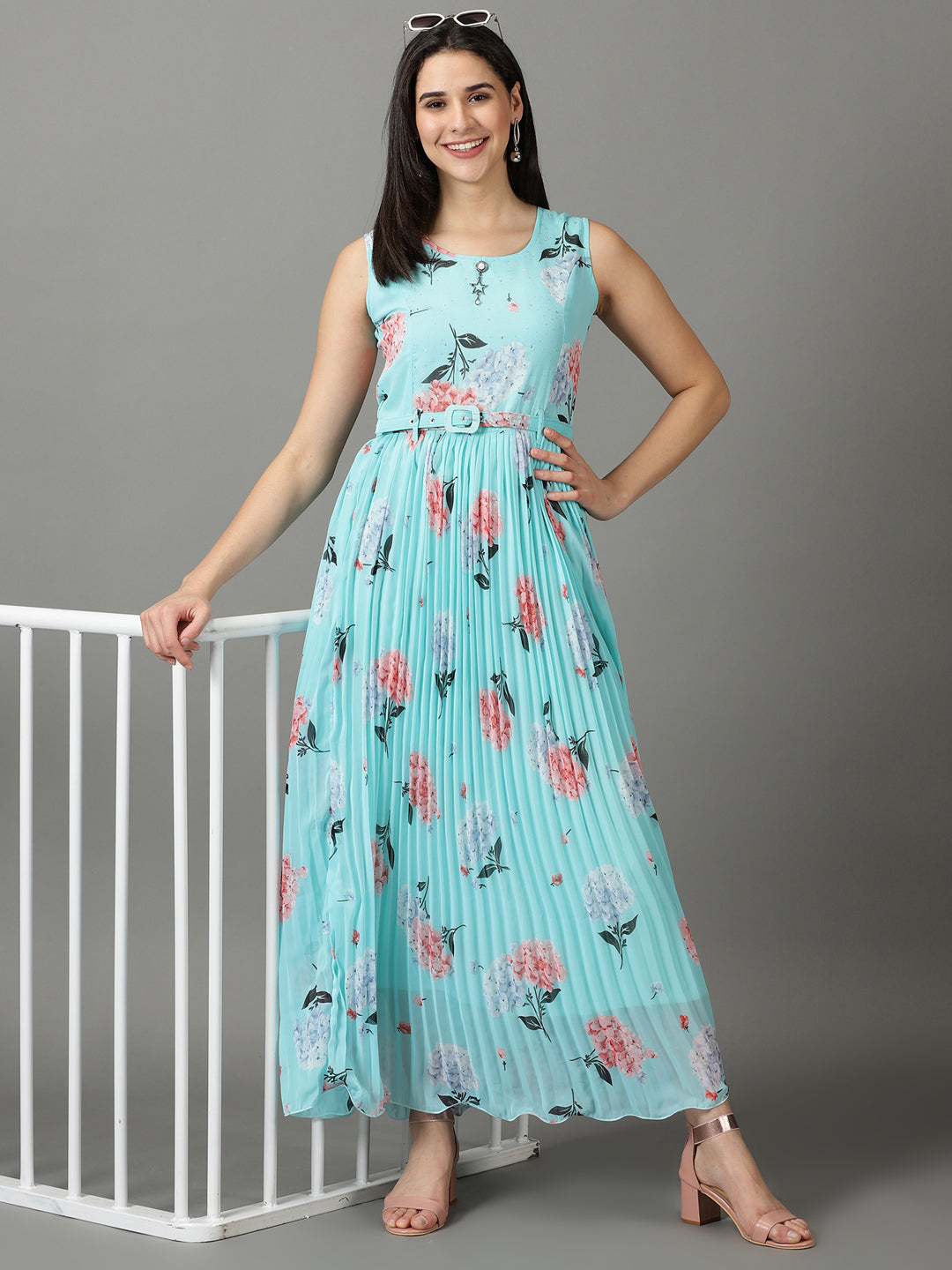 Women's Turquoise Blue Printed Fit and Flare Dress