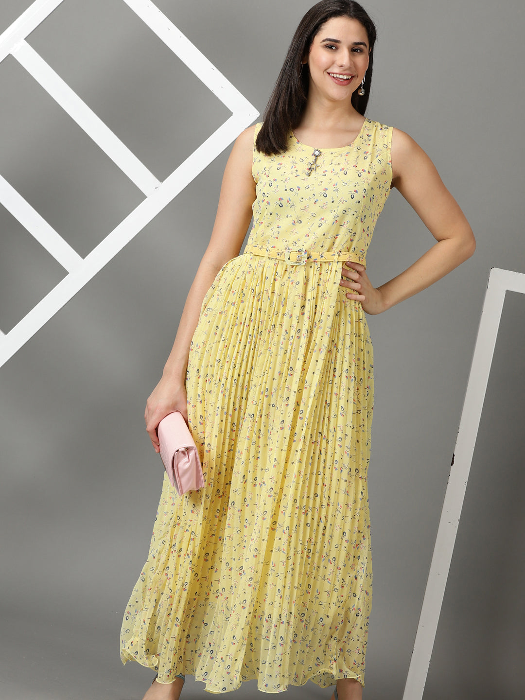 Women's Yellow Printed Fit and Flare Dress