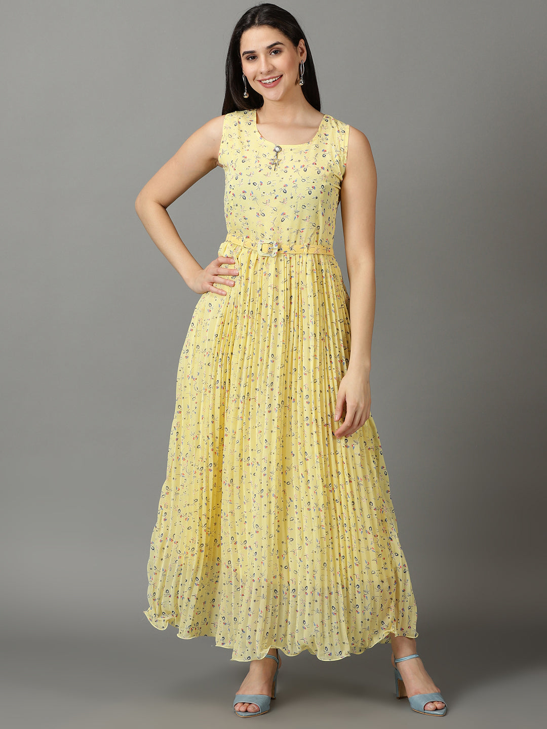 Women's Yellow Printed Fit and Flare Dress