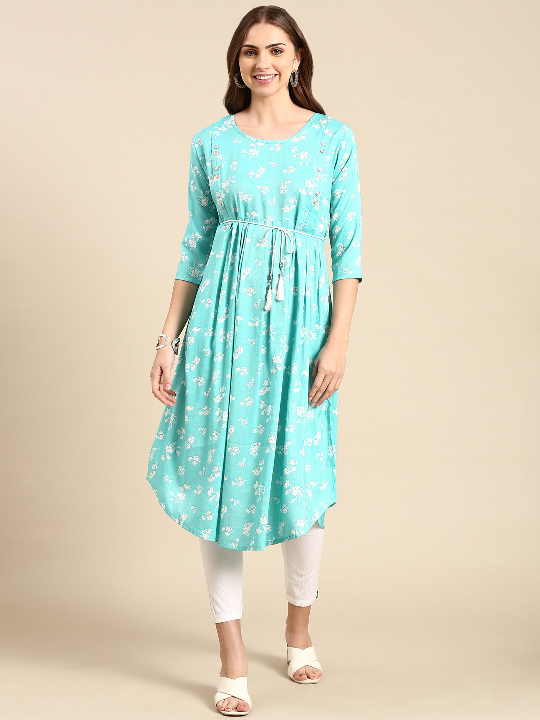 Women's Turquoise Blue Printed Anarkali Kurta