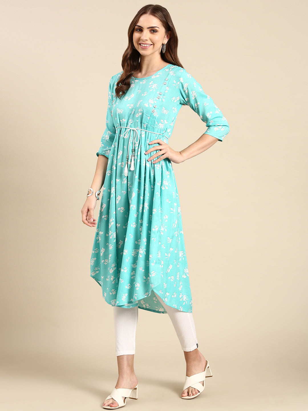 Women's Turquoise Blue Printed Anarkali Kurta