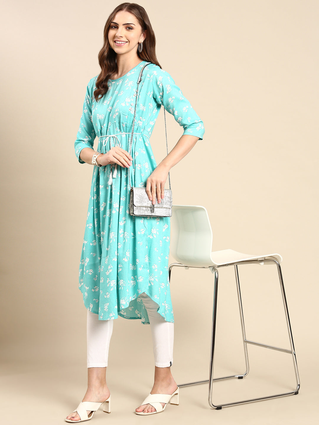 Women's Turquoise Blue Printed Anarkali Kurta