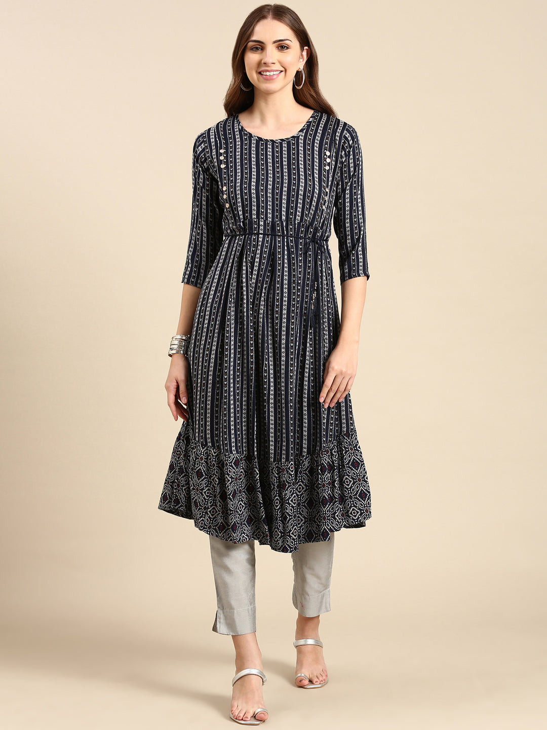 Women's Navy Blue Printed Anarkali Kurta