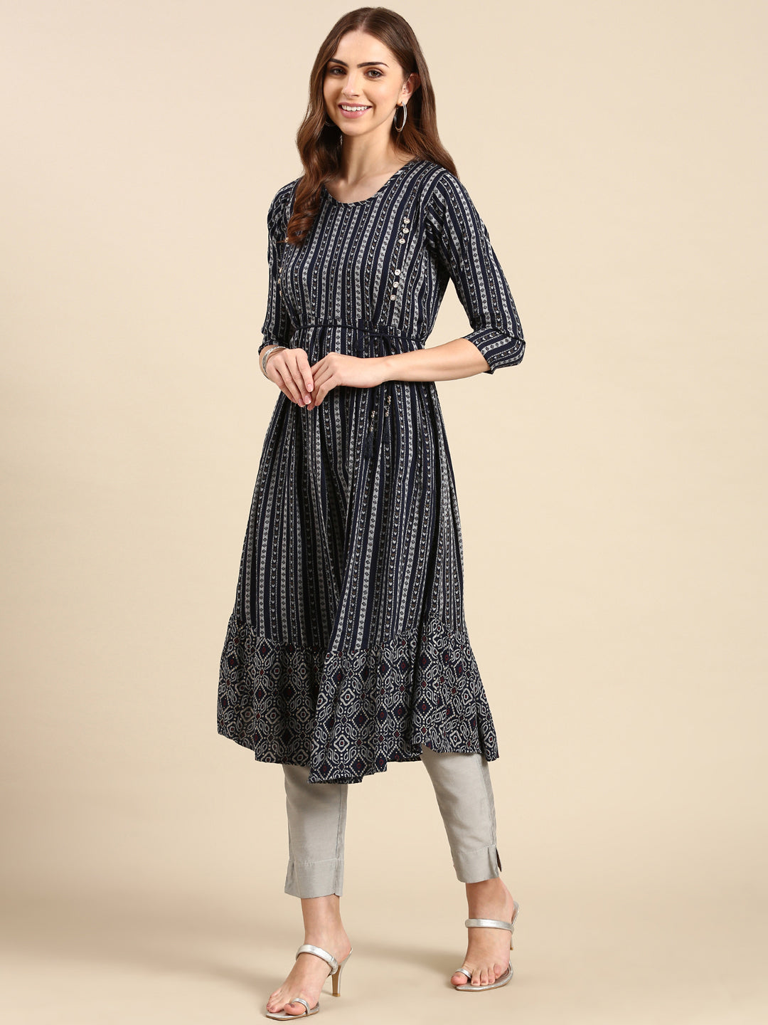 Women's Navy Blue Printed Anarkali Kurta