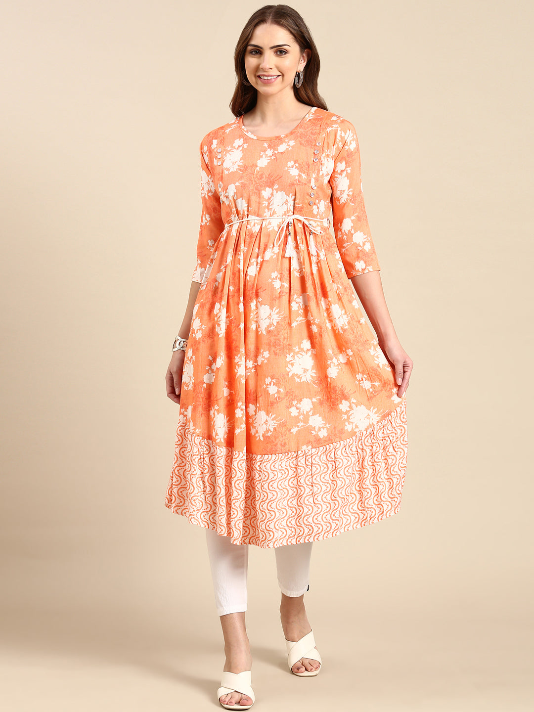 Women's Orange Printed Anarkali Kurta