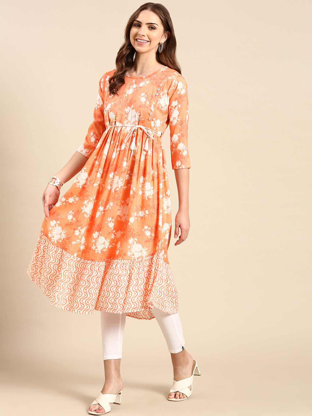 Women's Orange Printed Anarkali Kurta