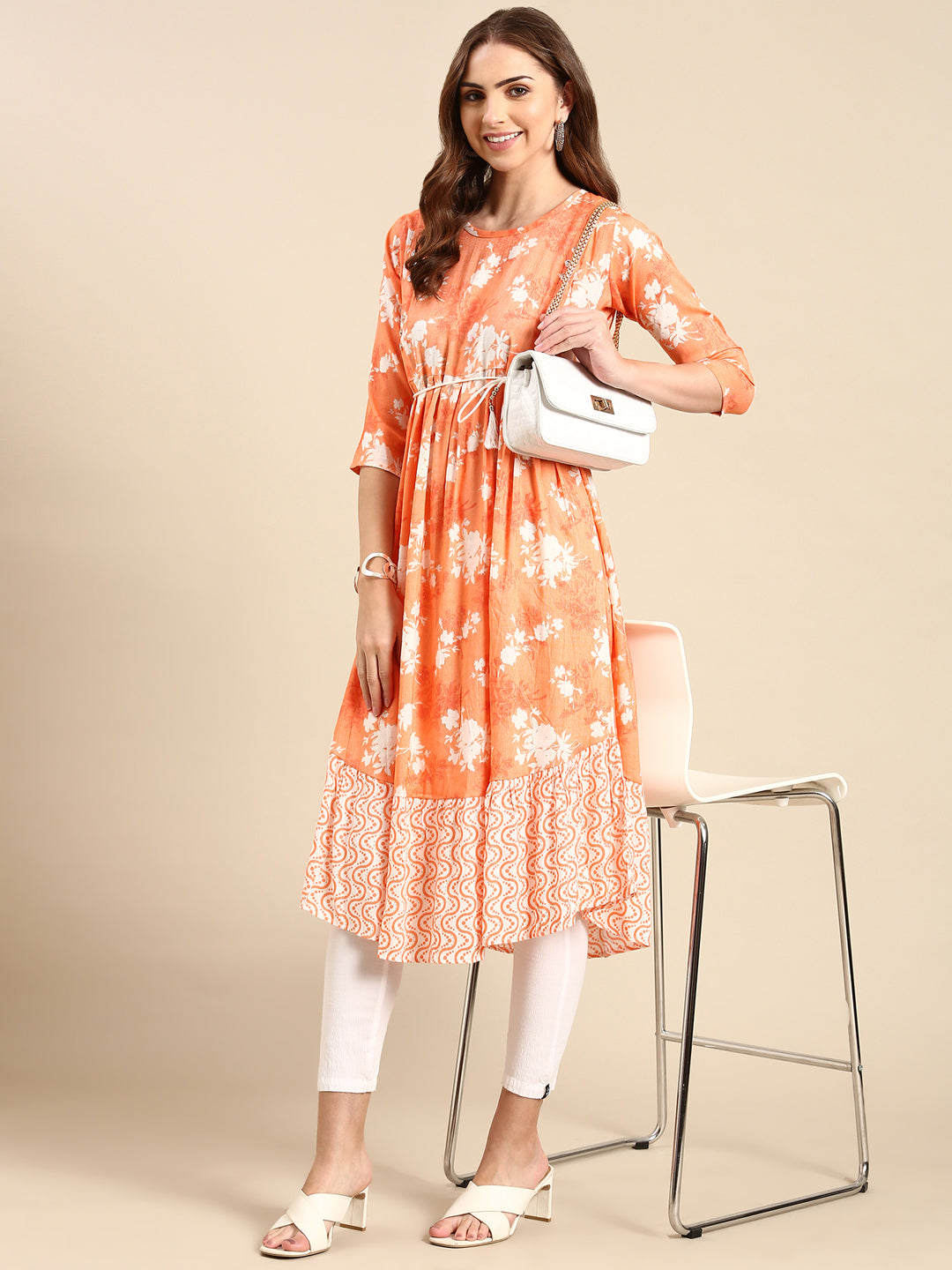 Women's Orange Printed Anarkali Kurta