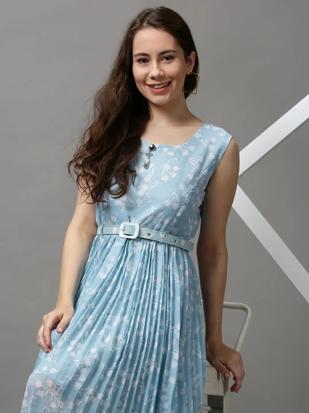 Women's Blue Printed A-Line Dress