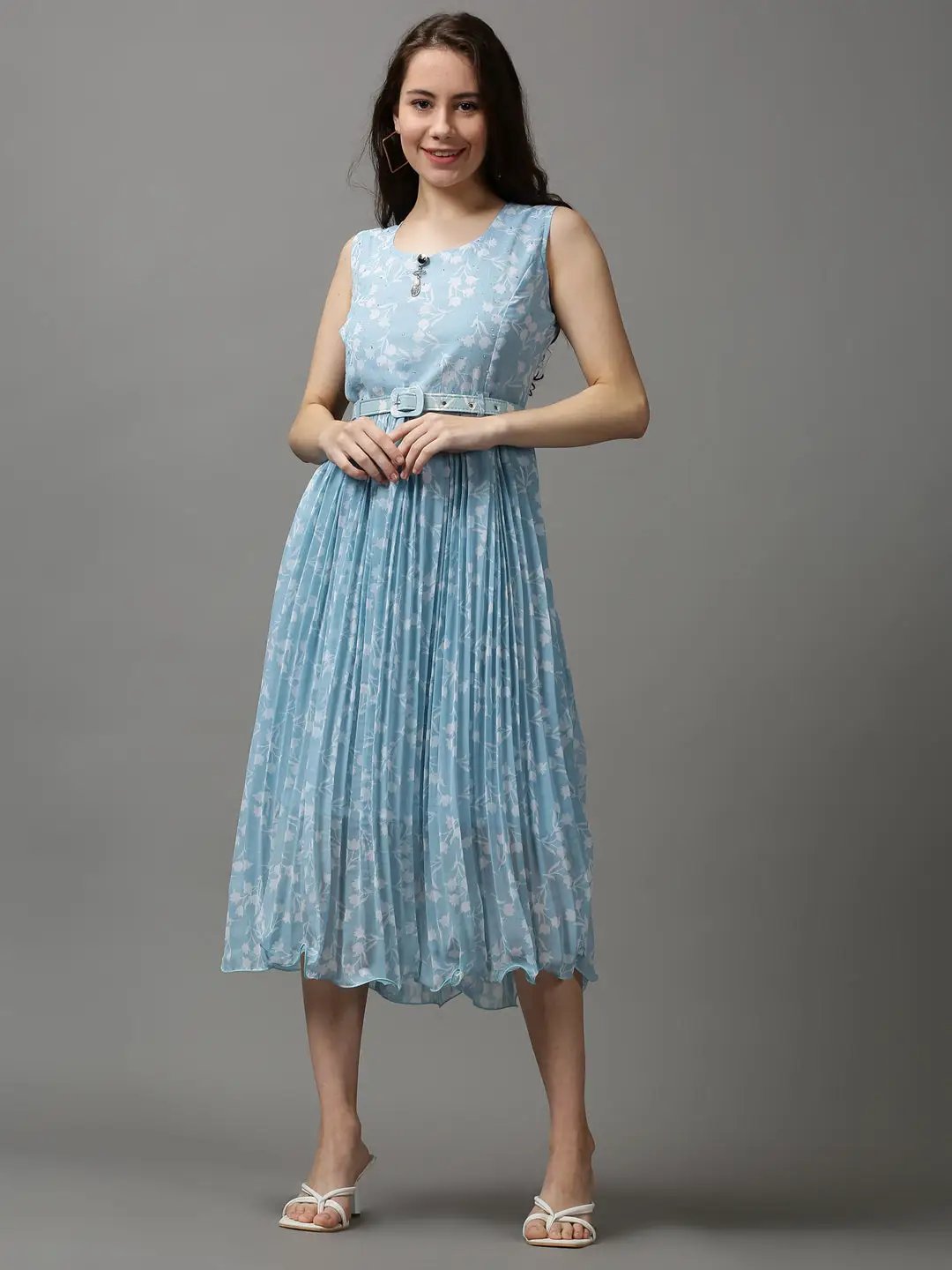 Women's Blue Printed A-Line Dress