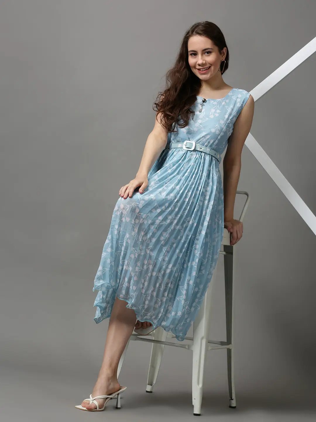 Women's Blue Printed A-Line Dress