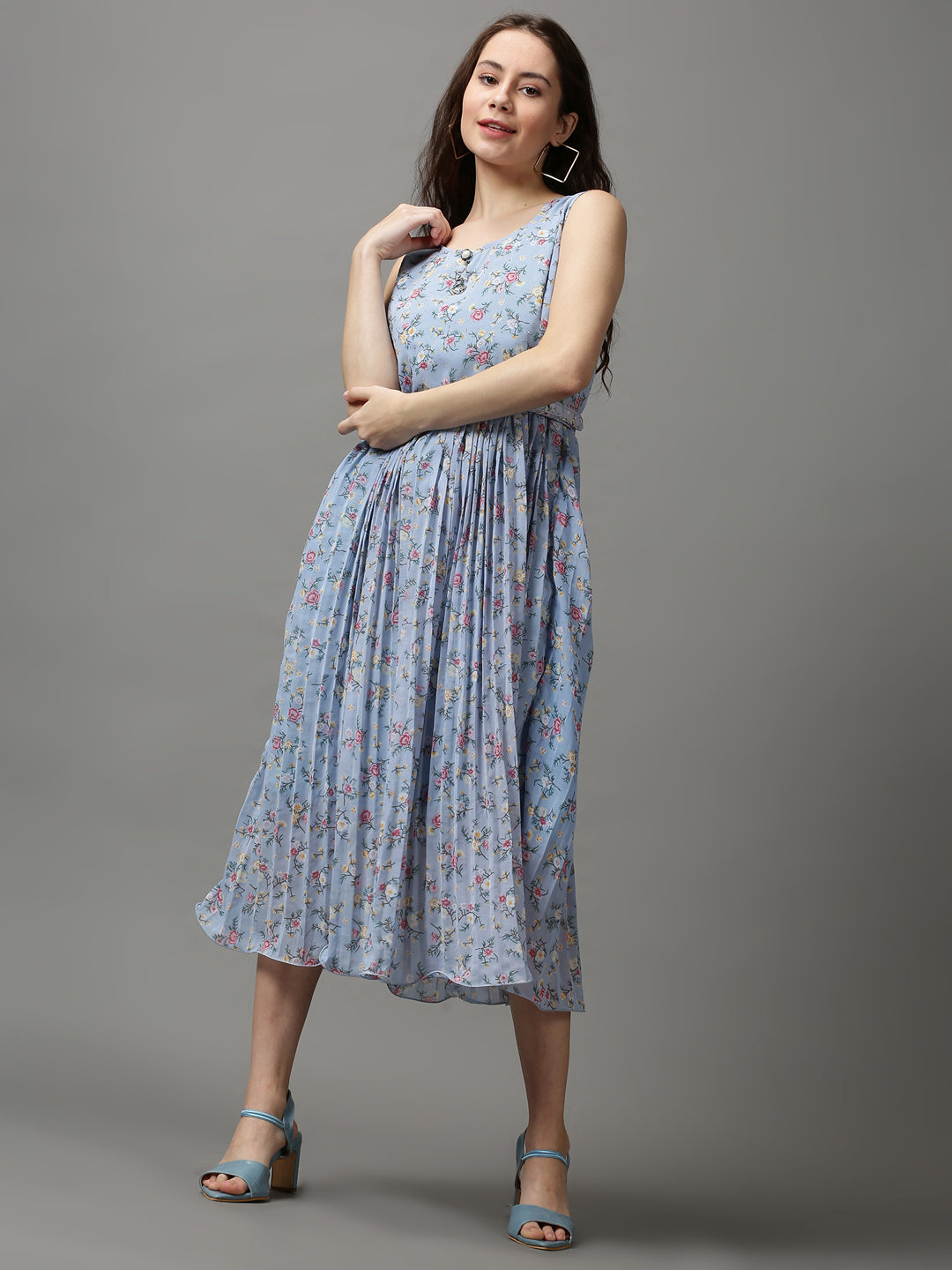 Women's Blue Printed A-Line Dress