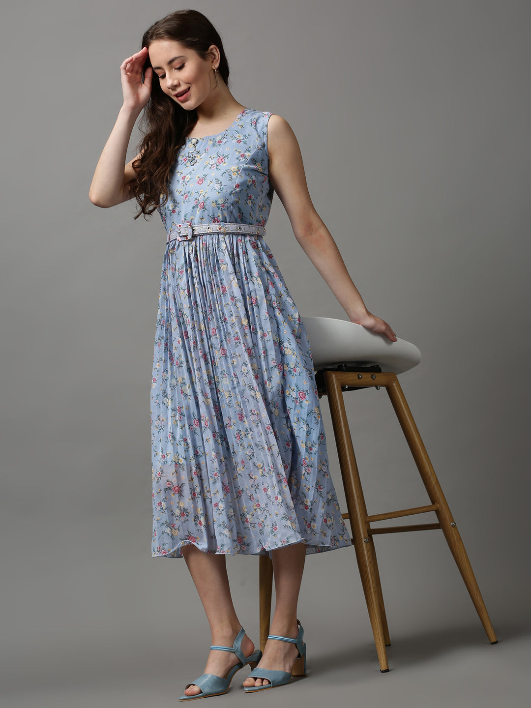 Women's Blue Printed A-Line Dress