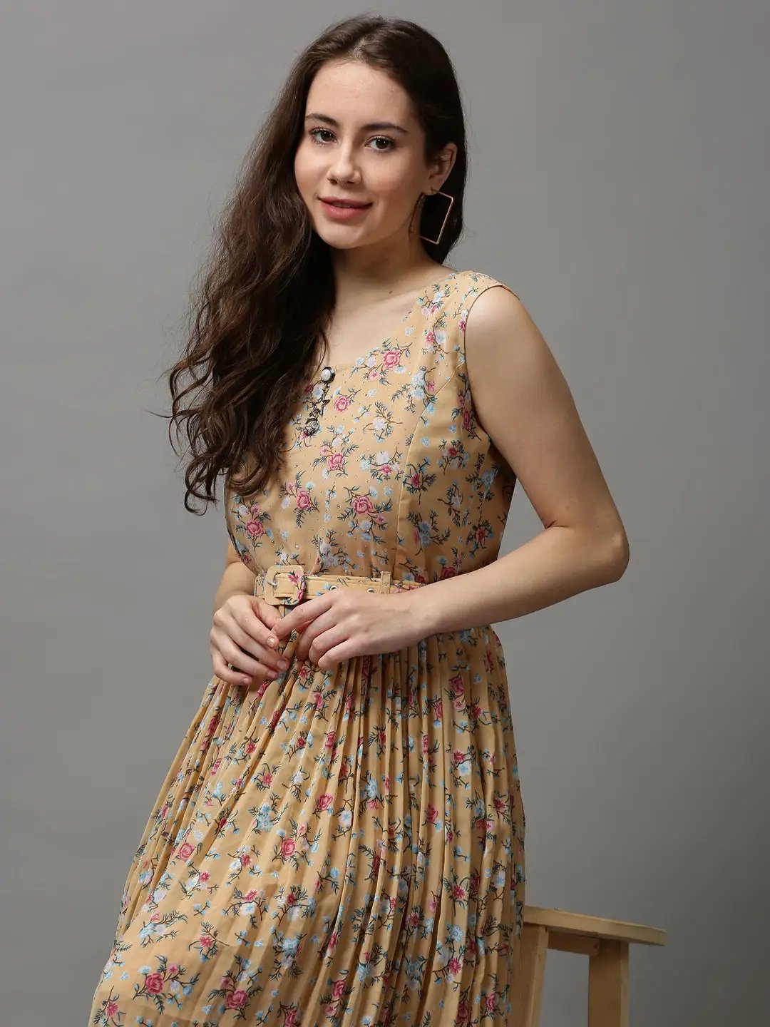 Women's Camel Brown Printed A-Line Dress