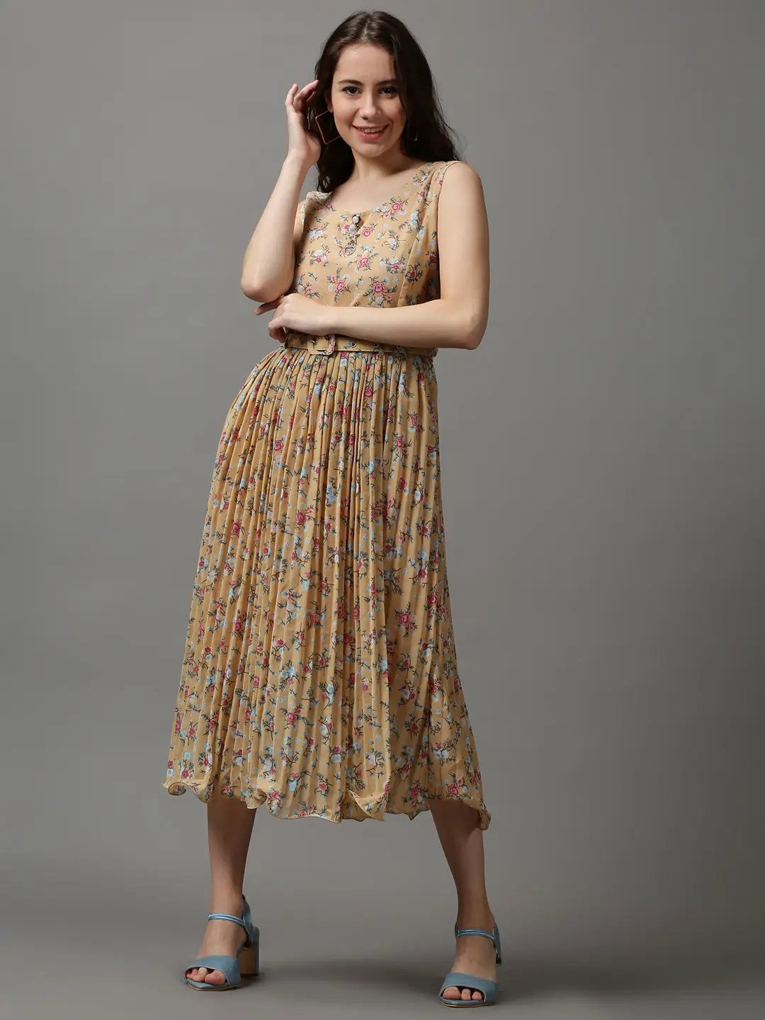 Women's Camel Brown Printed A-Line Dress