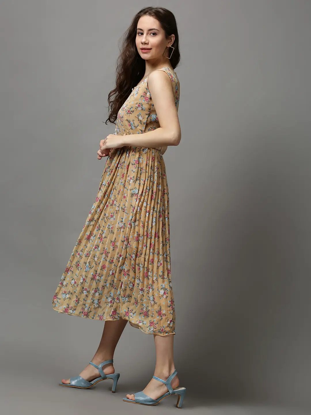Women's Camel Brown Printed A-Line Dress