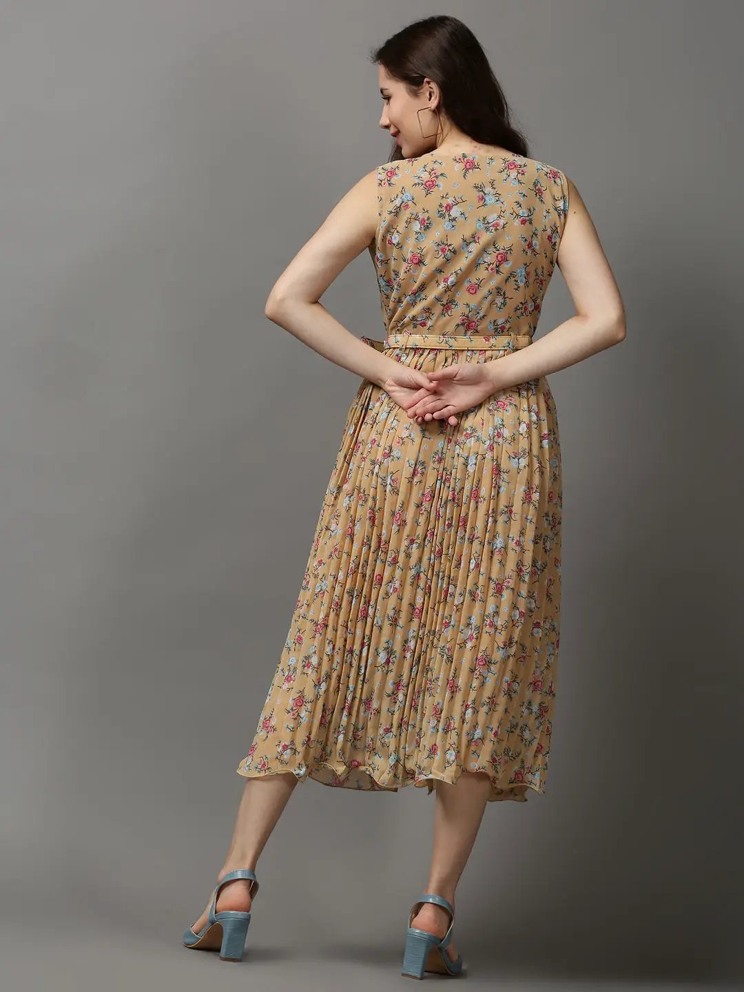 Women's Camel Brown Printed A-Line Dress