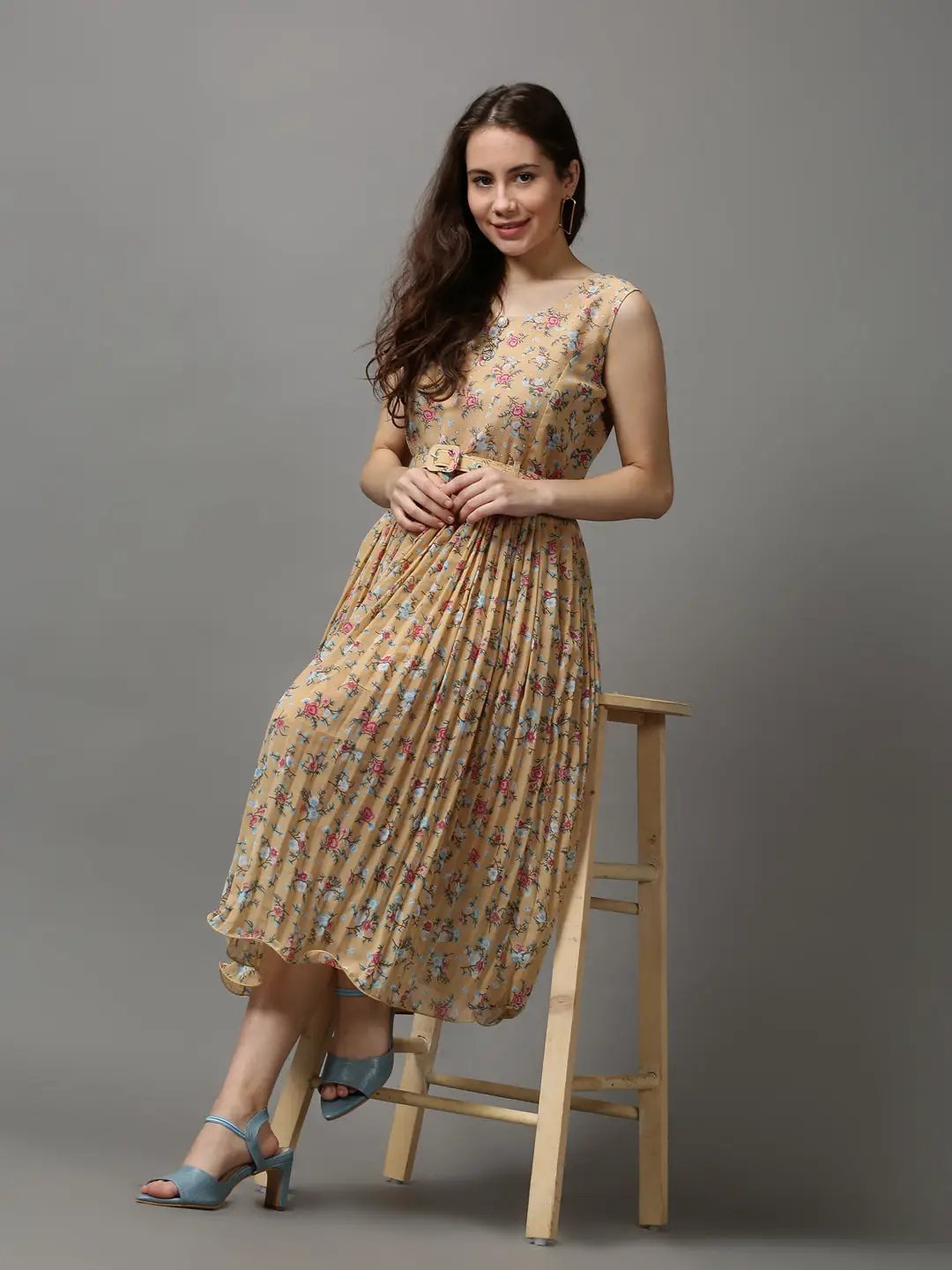 Women's Camel Brown Printed A-Line Dress