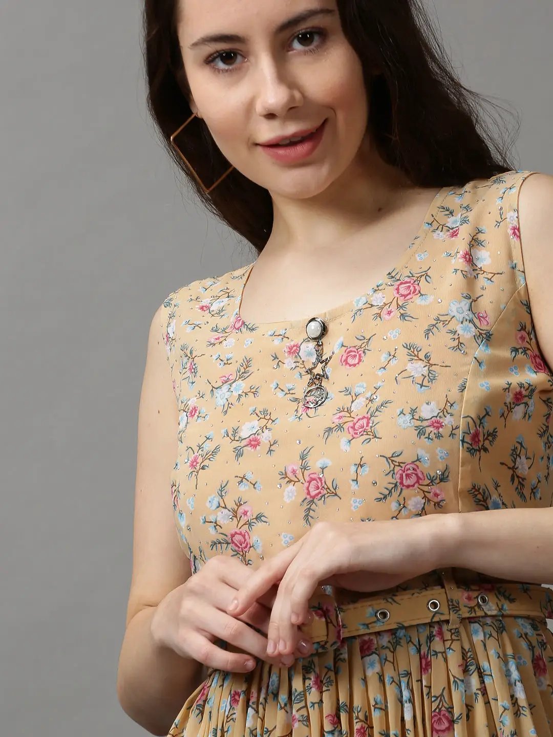 Women's Camel Brown Printed A-Line Dress