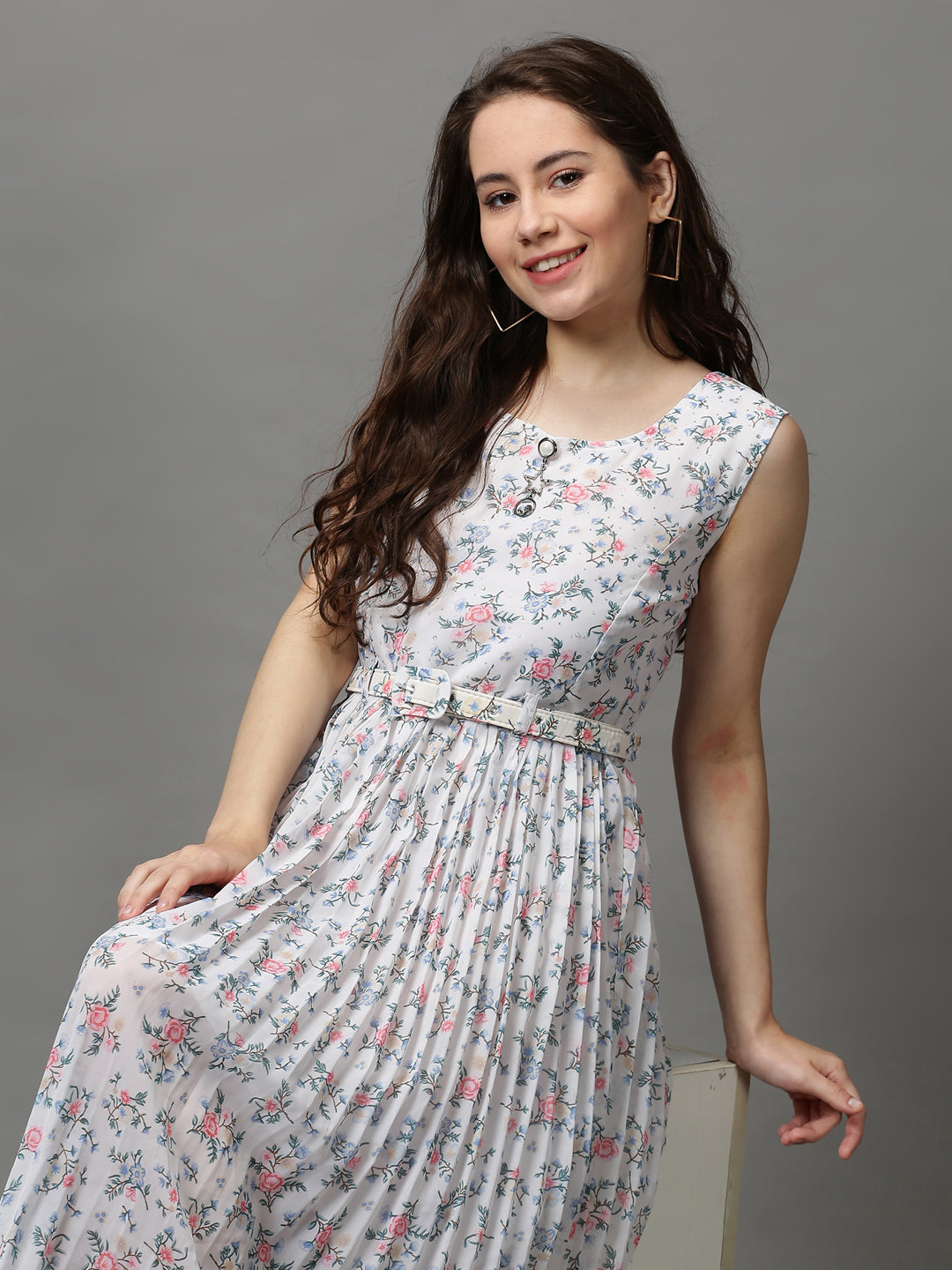 Women's White Printed A-Line Dress