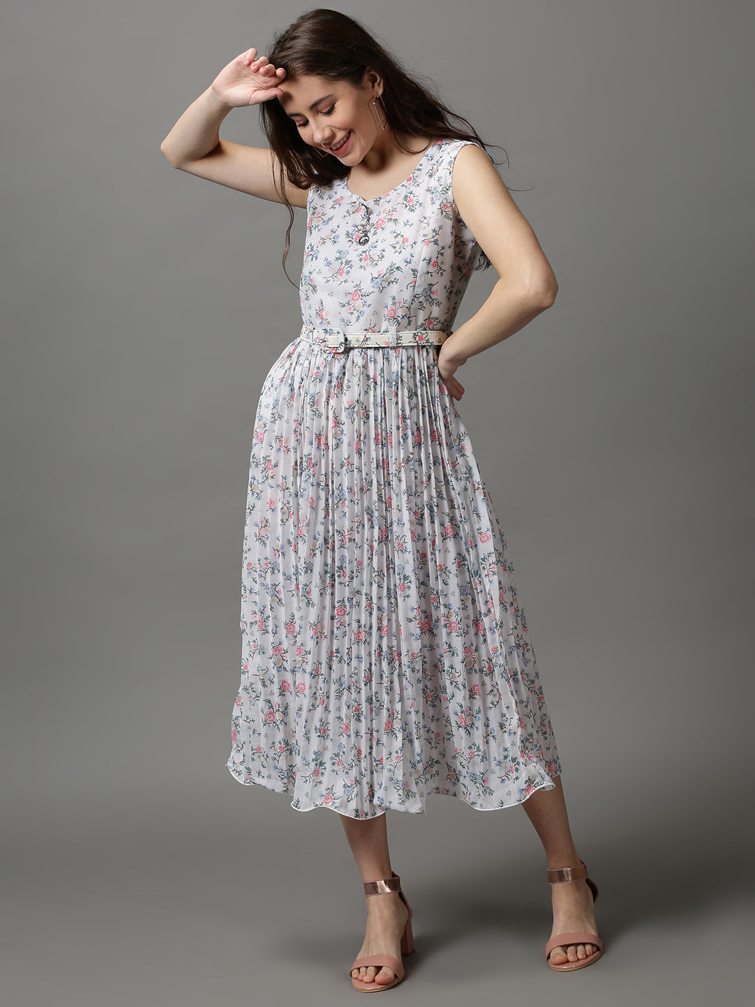 Women's White Printed A-Line Dress