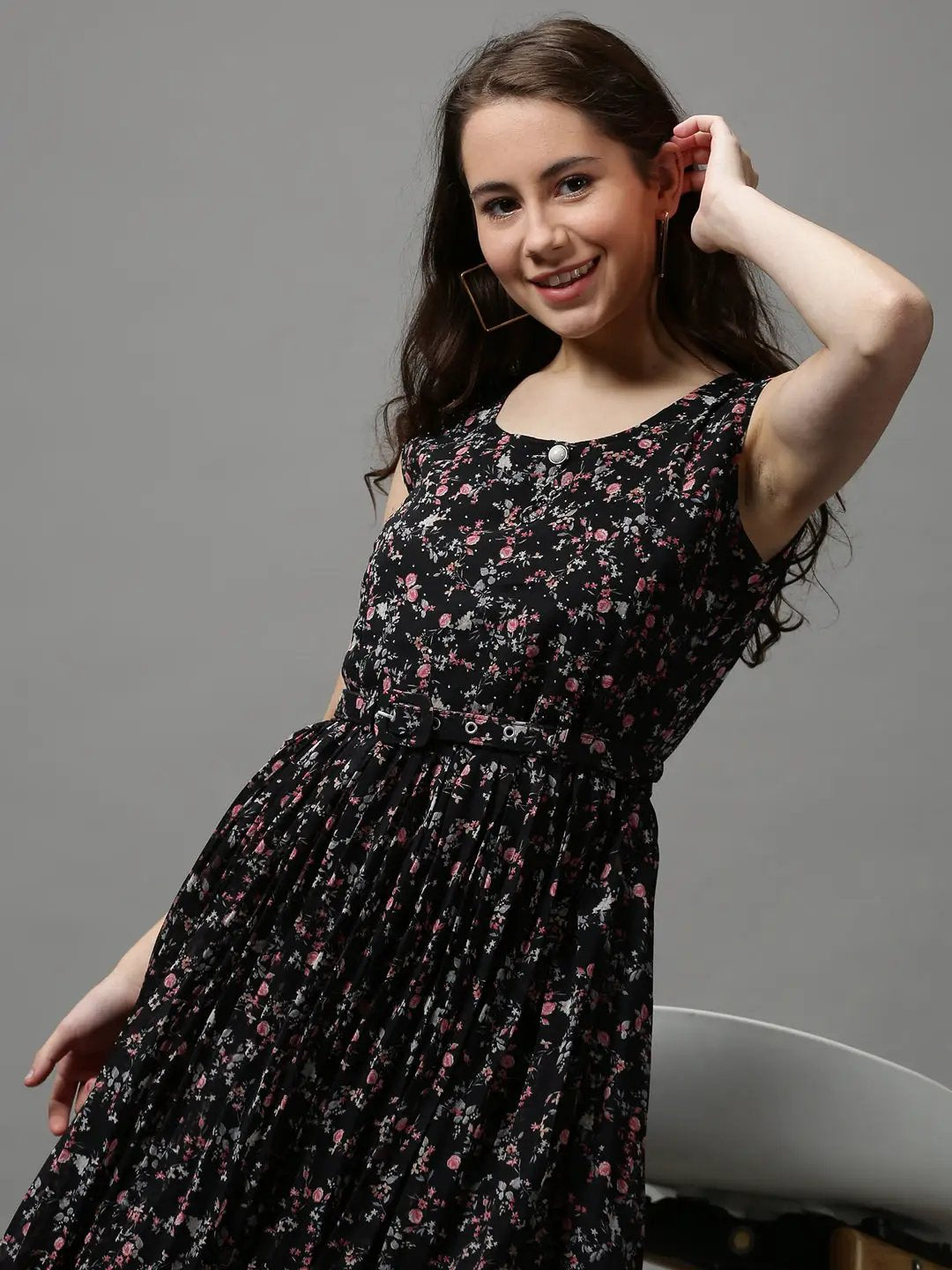 Women's Black Floral Chiffon Maxi Dress