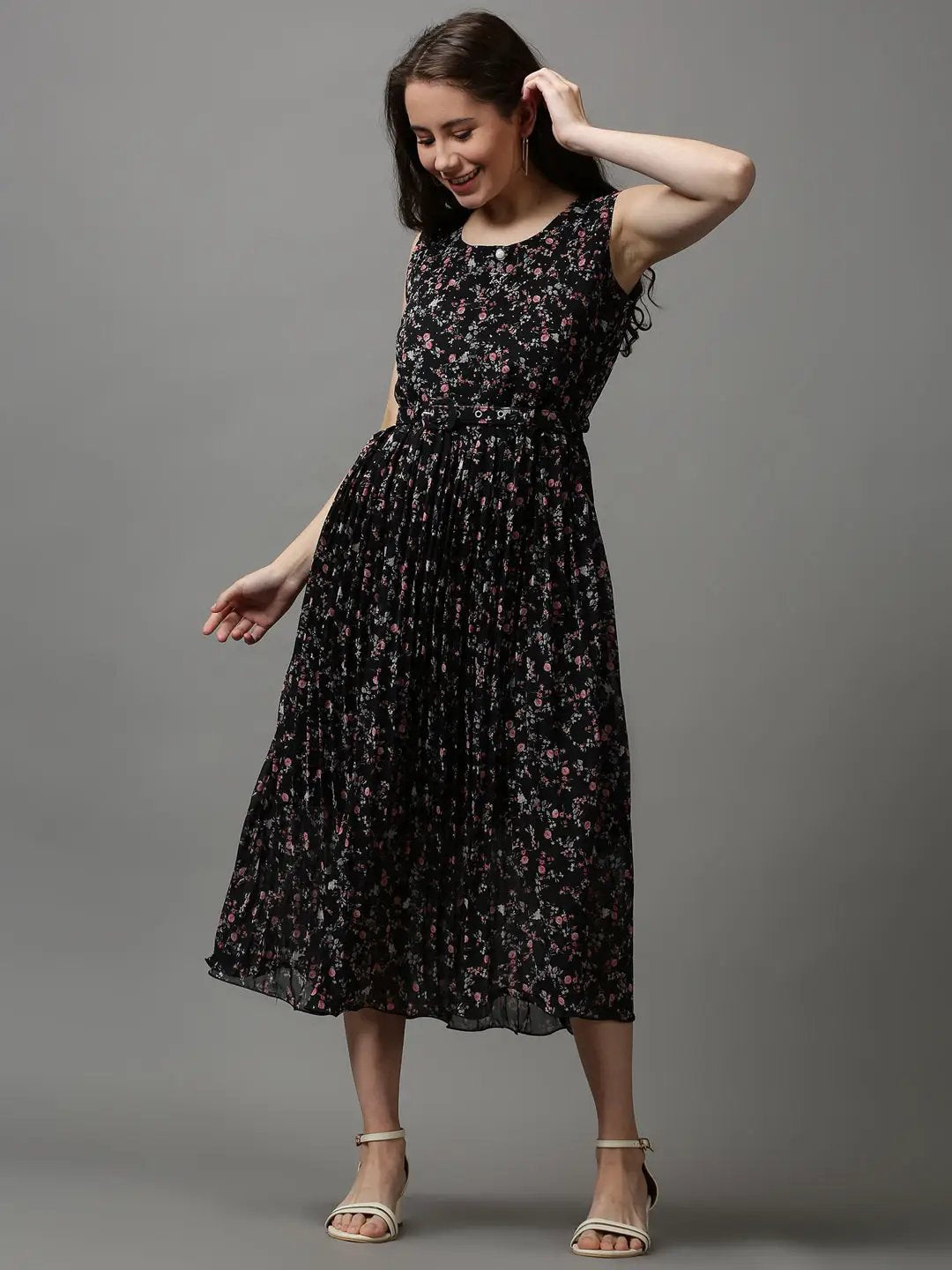 Women's Black Floral Chiffon Maxi Dress