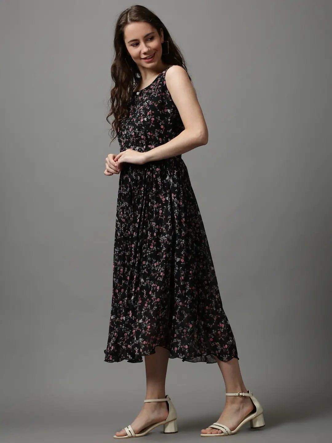 Women's Black Floral Chiffon Maxi Dress