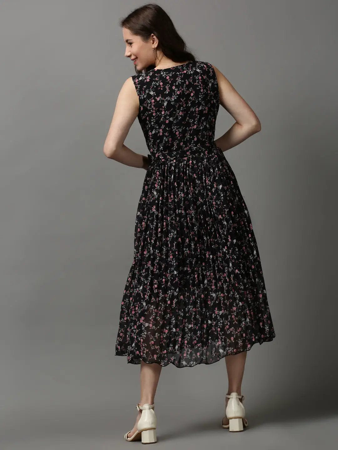 Women's Black Floral Chiffon Maxi Dress