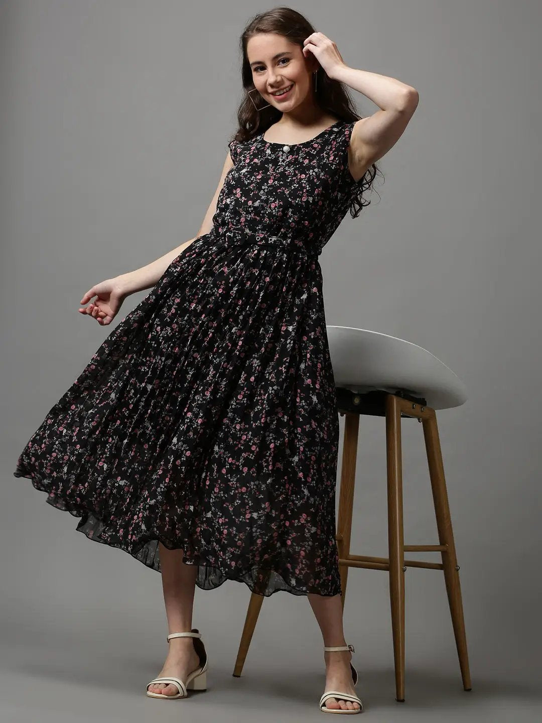 Women's Black Floral Chiffon Maxi Dress