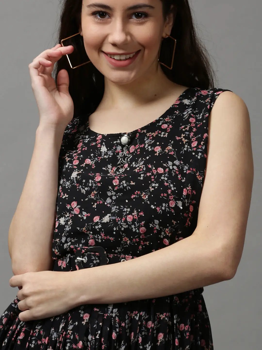 Women's Black Floral Chiffon Maxi Dress