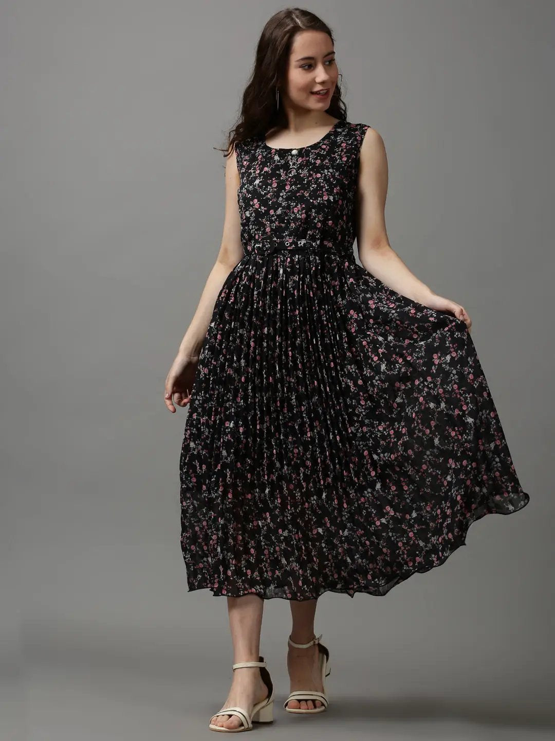 Women's Black Floral Chiffon Maxi Dress