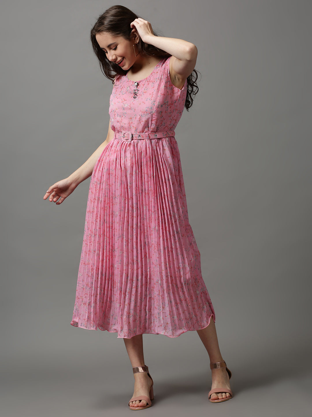 Women's Pink Printed A-Line Dress