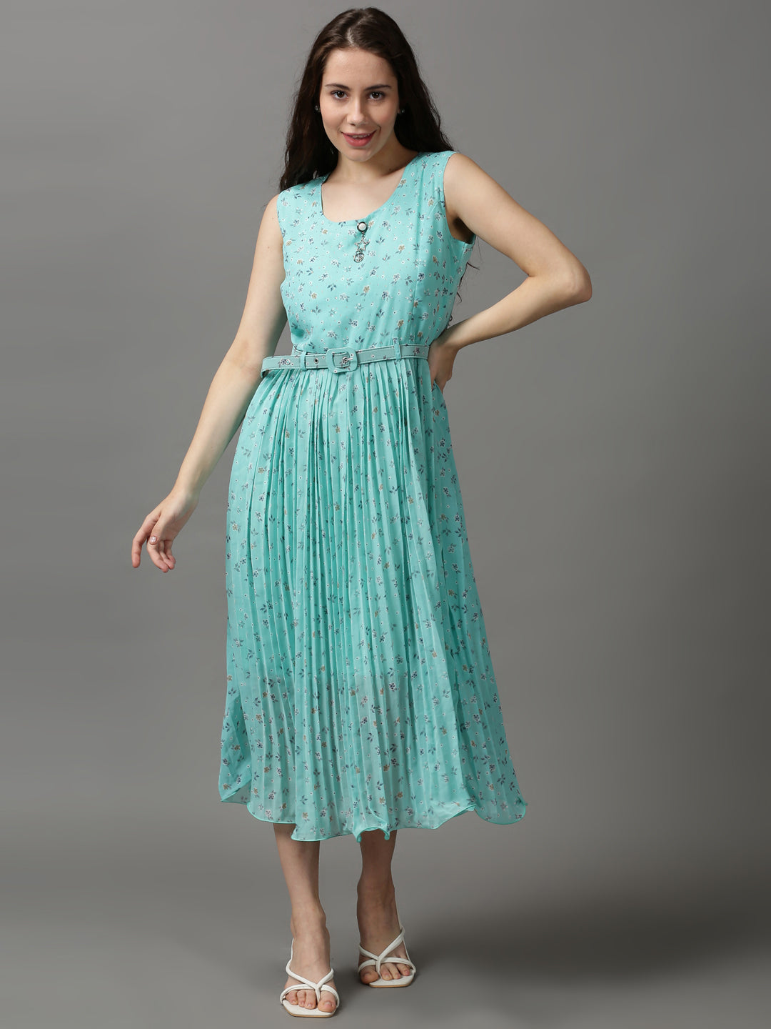 Women's Green Printed A-Line Dress