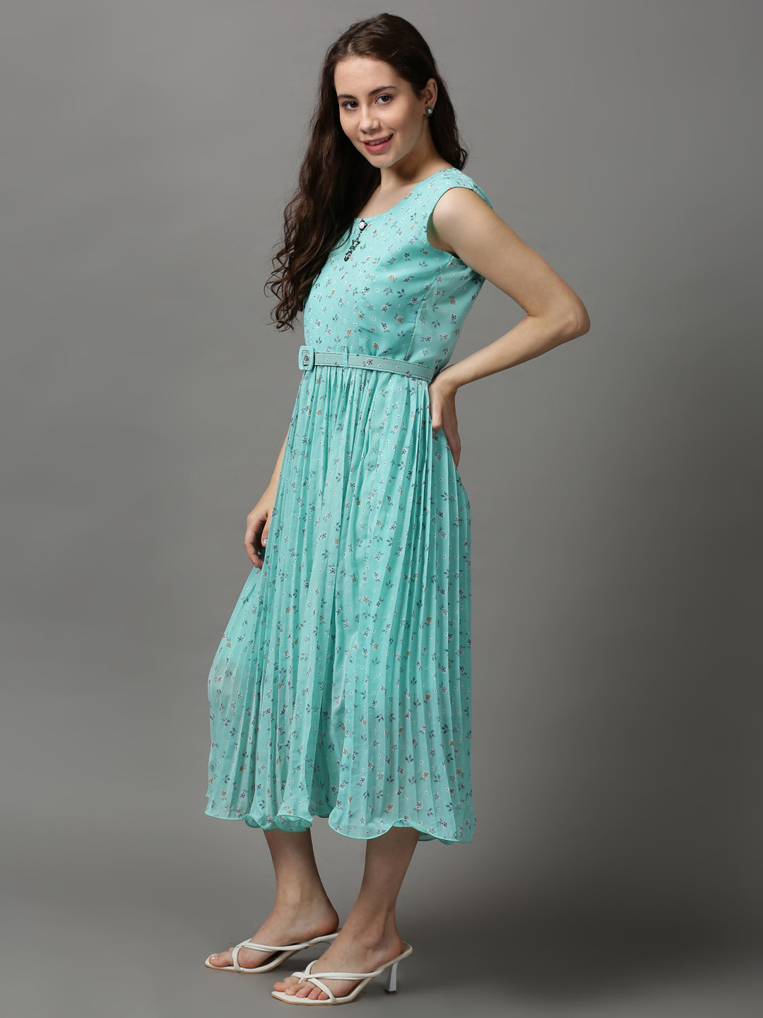 Women's Green Printed A-Line Dress