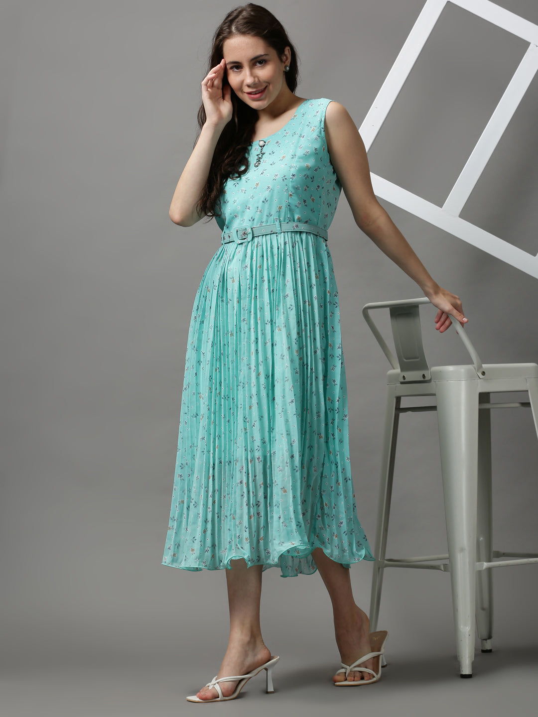 Women's Green Printed A-Line Dress