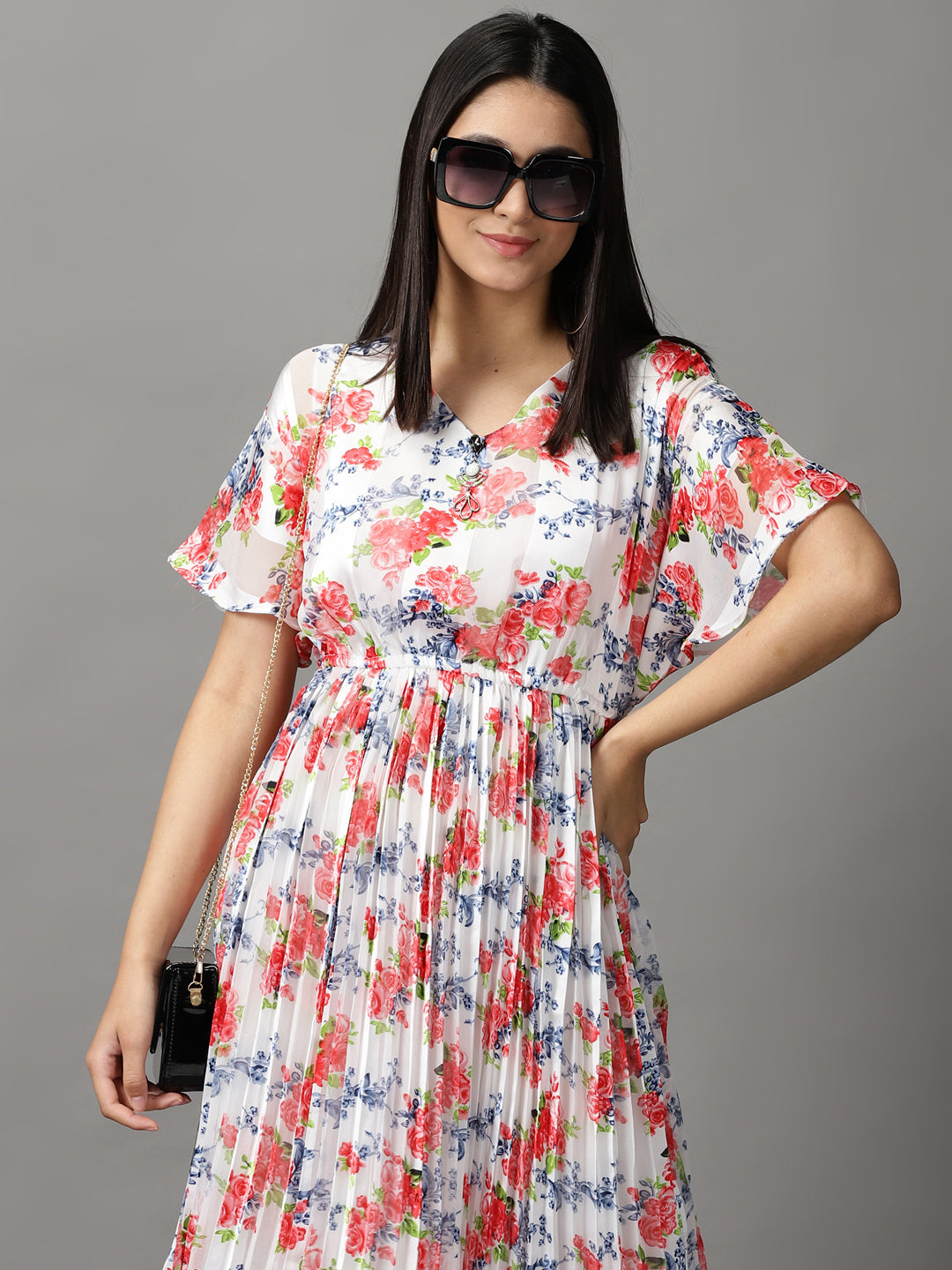 Women's White Floral Fit and Flare Dress