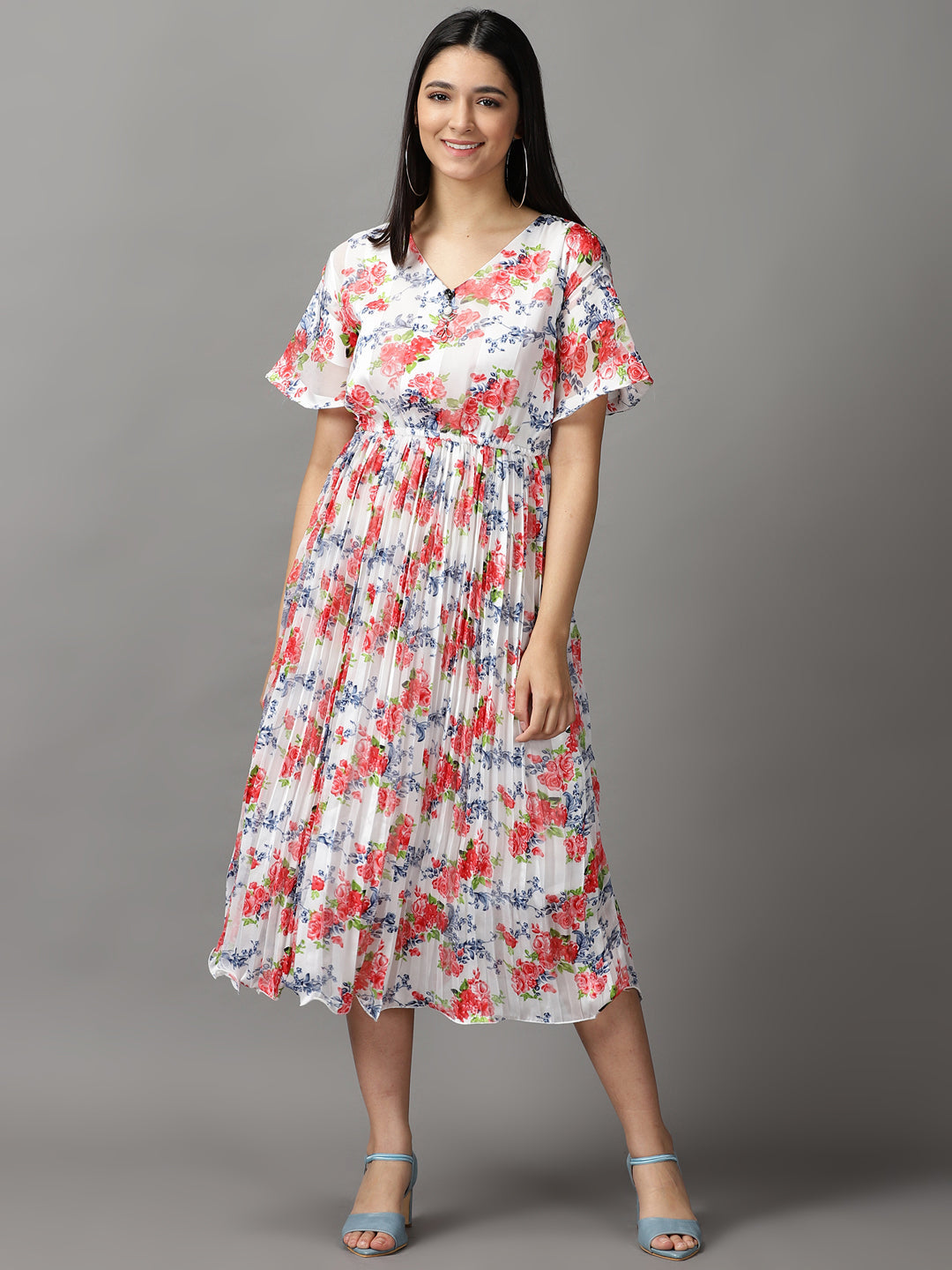 Women's White Floral Fit and Flare Dress