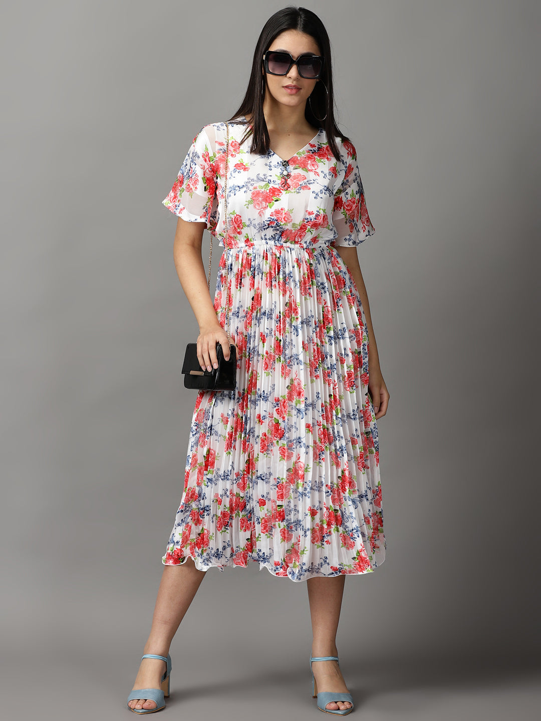 Women's White Floral Fit and Flare Dress