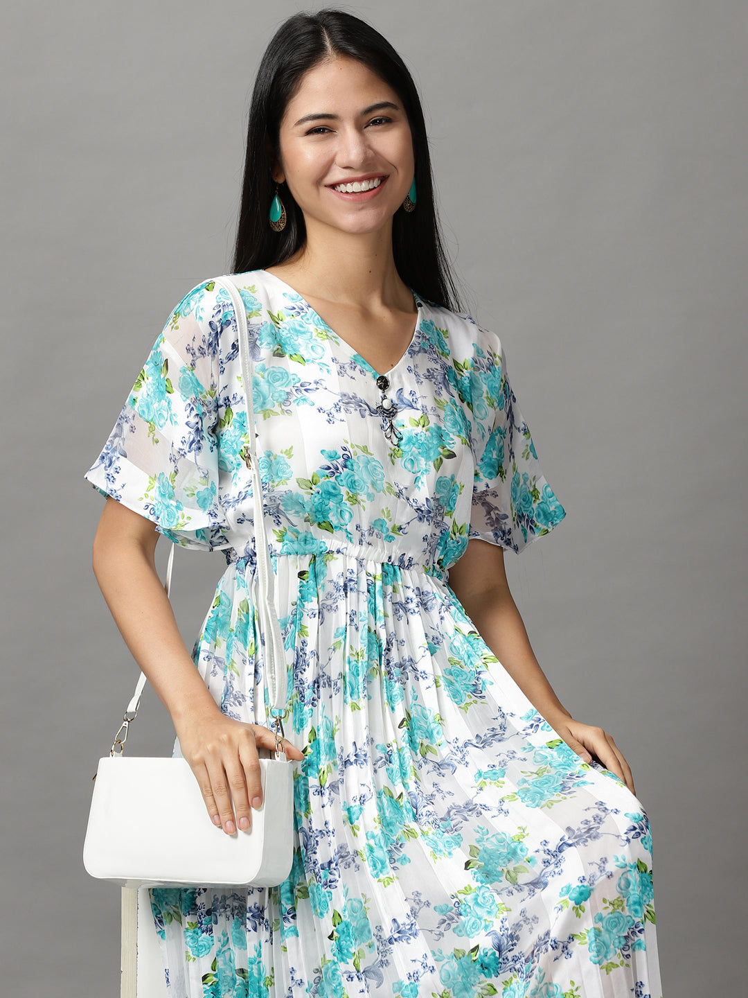 Women's White Floral Fit and Flare Dress